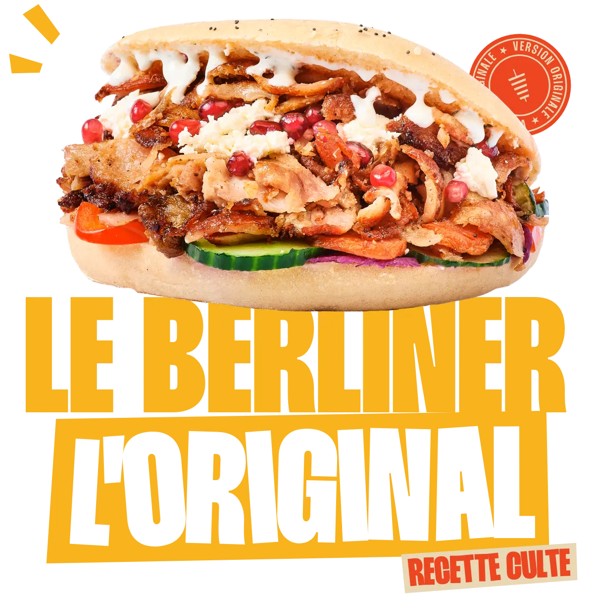 Kebab Berliner garni de viande, légumes, sauce blanche, fromage et grenade.